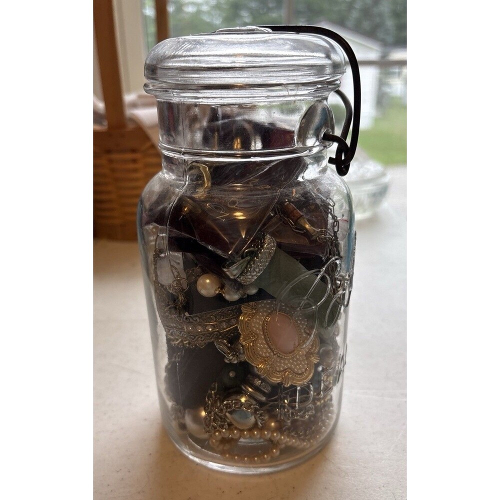 Vintage Costume Jewelry Mystery Jar Lot Mason Jar Filled Cameo Pearl Beads